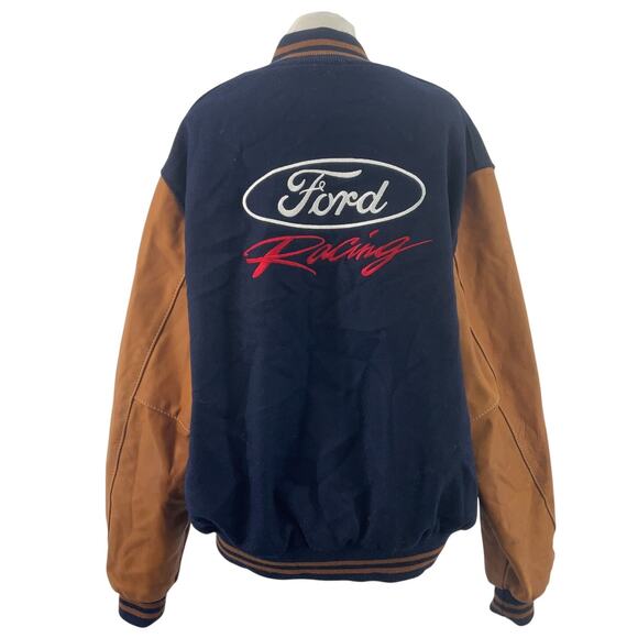 Vintage Dehan Ford Racing Navy/Brown Wool Leather Varsity Jacket Men’s Size XL - Picture 1 of 7